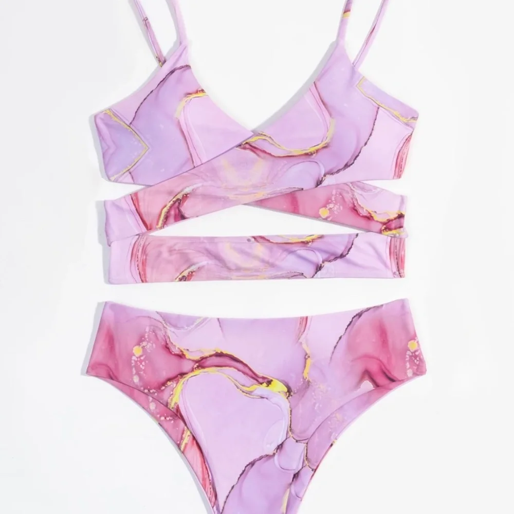Boho Pink Marbled Cut out Cheeky High Waist Bikini Swim Beach - Picture 4 of 5